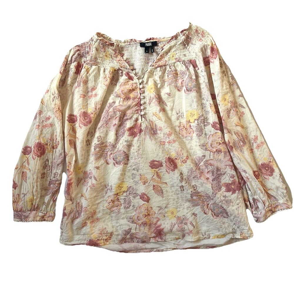 Paige Jaylee Top Floral Smocked Blouse Cream Pink Cottagecore Boho Peasant Sz M